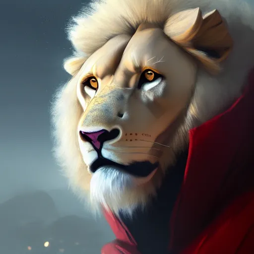 Image similar to commission portrait of a male anthro albino lion wearing a red-black puffer jacket.dramatic,character design by charles bowater,greg rutkowski,ross tran,hyperdetailed,hyperrealistic,4k,deviantart,artstation,professional photography,concept art