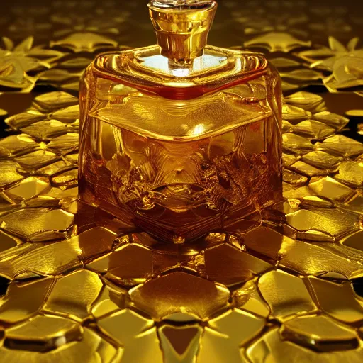 Prompt: perfume bottle in a golden puddle of rich honey, honeycomb, and gold lillies, path traced, environment, highly detailed, concept art, realistic, octane render, up close shot shinji aramaki, karol bak, alphonse mucha