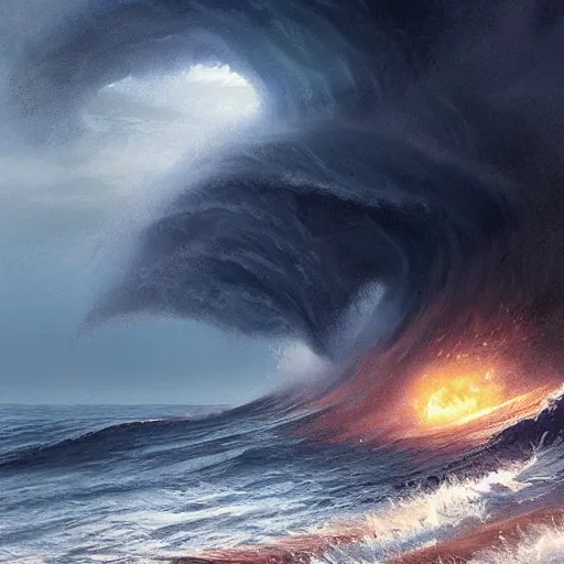 Image similar to tsunami attack, sea, epic fantasy style, in the style of Greg Rutkowski, mythology artwork