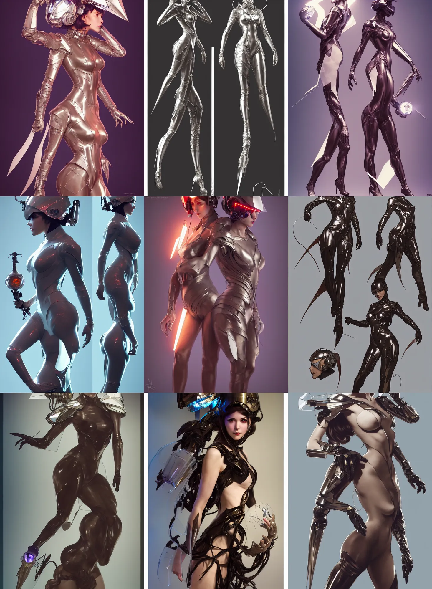 Image similar to a full body character design by artgerm, cushart krenz, greg rutkowski and alphonse mucha. sci - fi dagger. laser and translucent plastic tape project show attctive showgirl!! sci - fi helmet!! sharp edges. ultra clear detailed. contour light effect!! 8 k. ultra detailed, elegant, intricate, octane render.