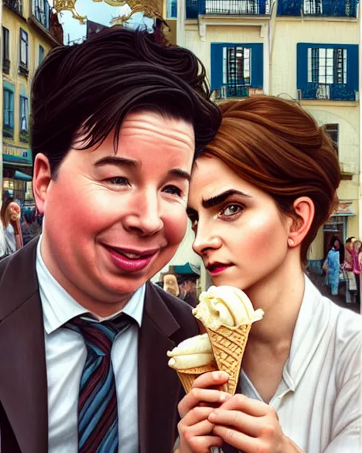 Image similar to Portrait of Michael Mcintyre & blonde Emma Watson eating ice creams in Porto,real life skin, intricate, elegant, highly detailed, artstation, concept art, smooth, sharp focus, art by artgerm and greg rutkowski and alphonse mucha