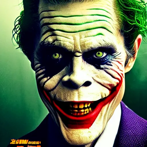 Image similar to willem dafoe as the joker, movie poster, superrealism, quality, post - production, image depth, focus, fine details, skin pores, makeup, 8 k