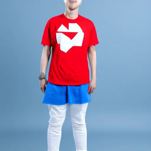 Prompt: a full body shot of an average white, short young - adult man with blue dyed hair, wearing a red backwards cap, white t - shirt with a red no symbol on it, blue long pants and red shoes, holding a microphone, photoshoot, grey background