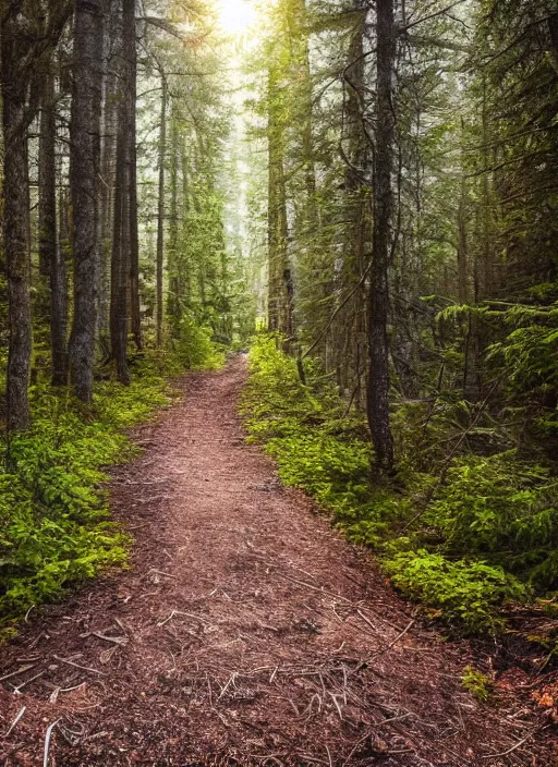 Image similar to a dirt path in the middle of a forest by tim biskup, shutterstock contest winner, naturalism, flickering light, high dynamic range, creative commons attribution