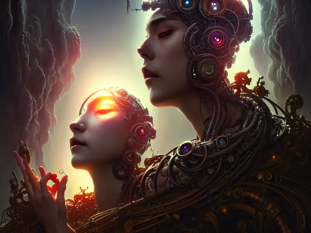 Prompt: ultra realistic beautiful cyborg deity eyes closed, sci-fi, fantasy, intricate details, movie still, highly detailed, photorealistic, octane render, eerie, 8k, art by artgerm and james clyne and greg rutkowski and alphonse mucha