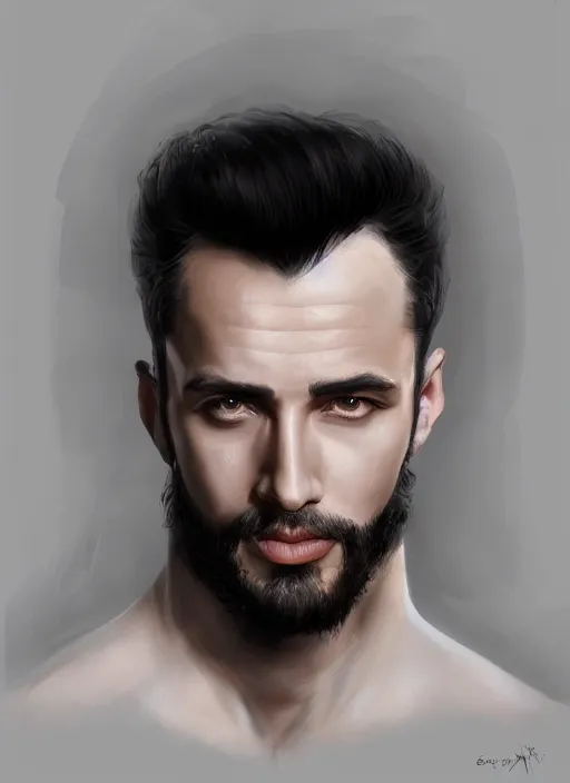 Image similar to portrait of Ernest Khalimov, model pose, intelligent and macho, sigma male, gigachad, medium black hair, Nordic crown, black luxurious suit, fantasy, elegant, realistic, highly detailed, digital painting, artstation, concept art, smooth, sharp focus, illustration, art by artgerm and greg rutkowski and alphonse mucha