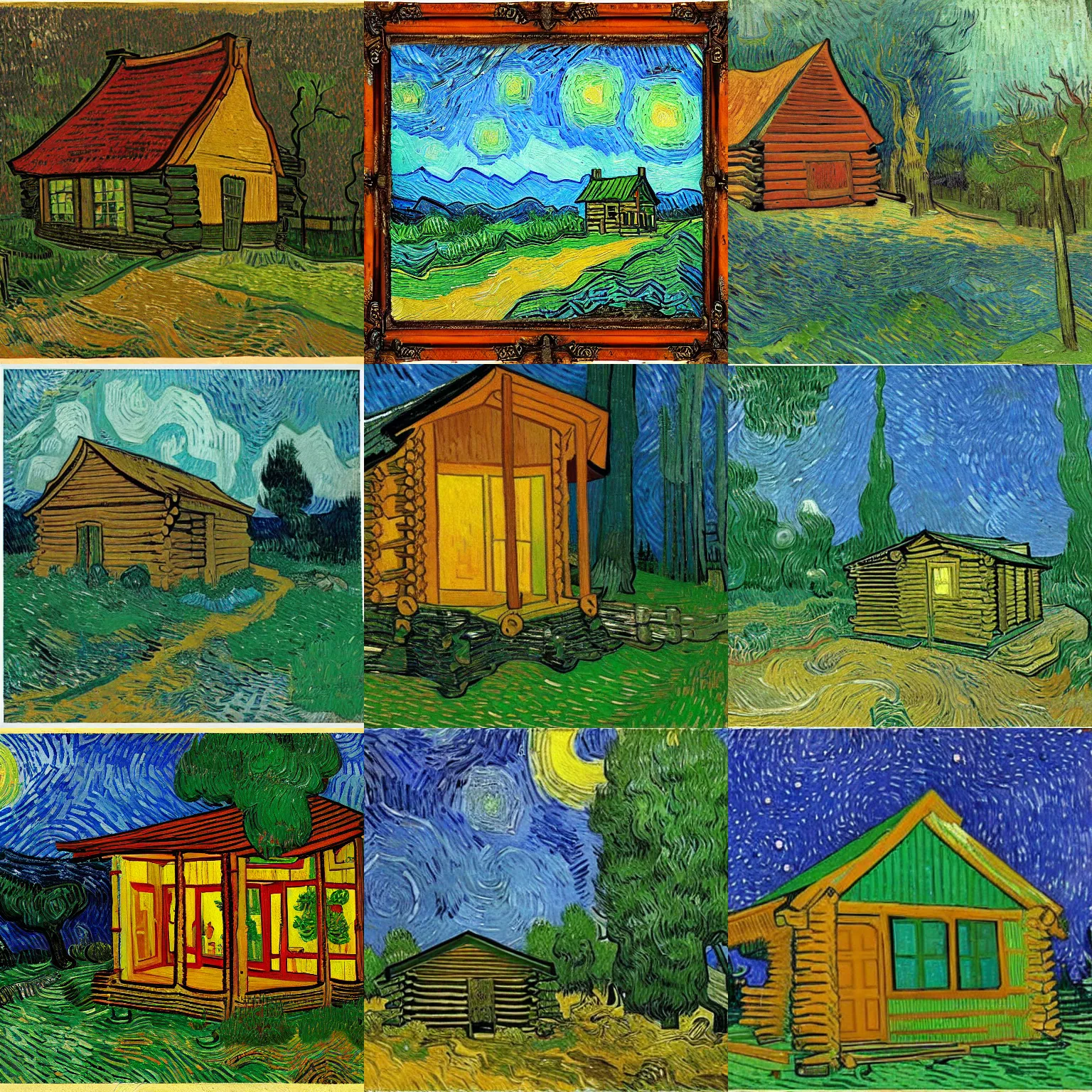 Prompt: [ a log cabin in the forest ] [ van gogh ] [ melancholy ]