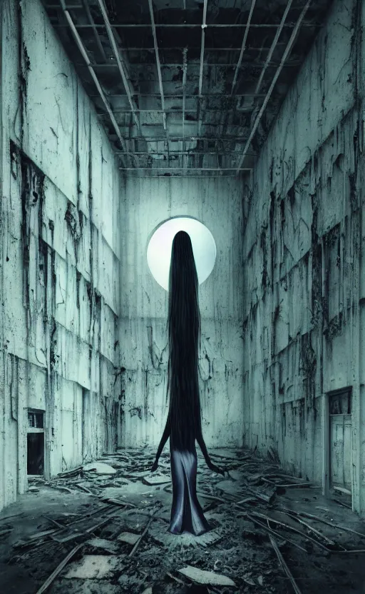 Image similar to vertical movie frame portrait of girl inside abandoned school, ominous backrooms at distance seen through big broken wall, giger interior design, architectural design, vintage, liminal aesthetic, dreamcore, weirdcore, clean lines, wide angle, by wayne barlowe, tsutomu nihei, zdzislaw beksinski,