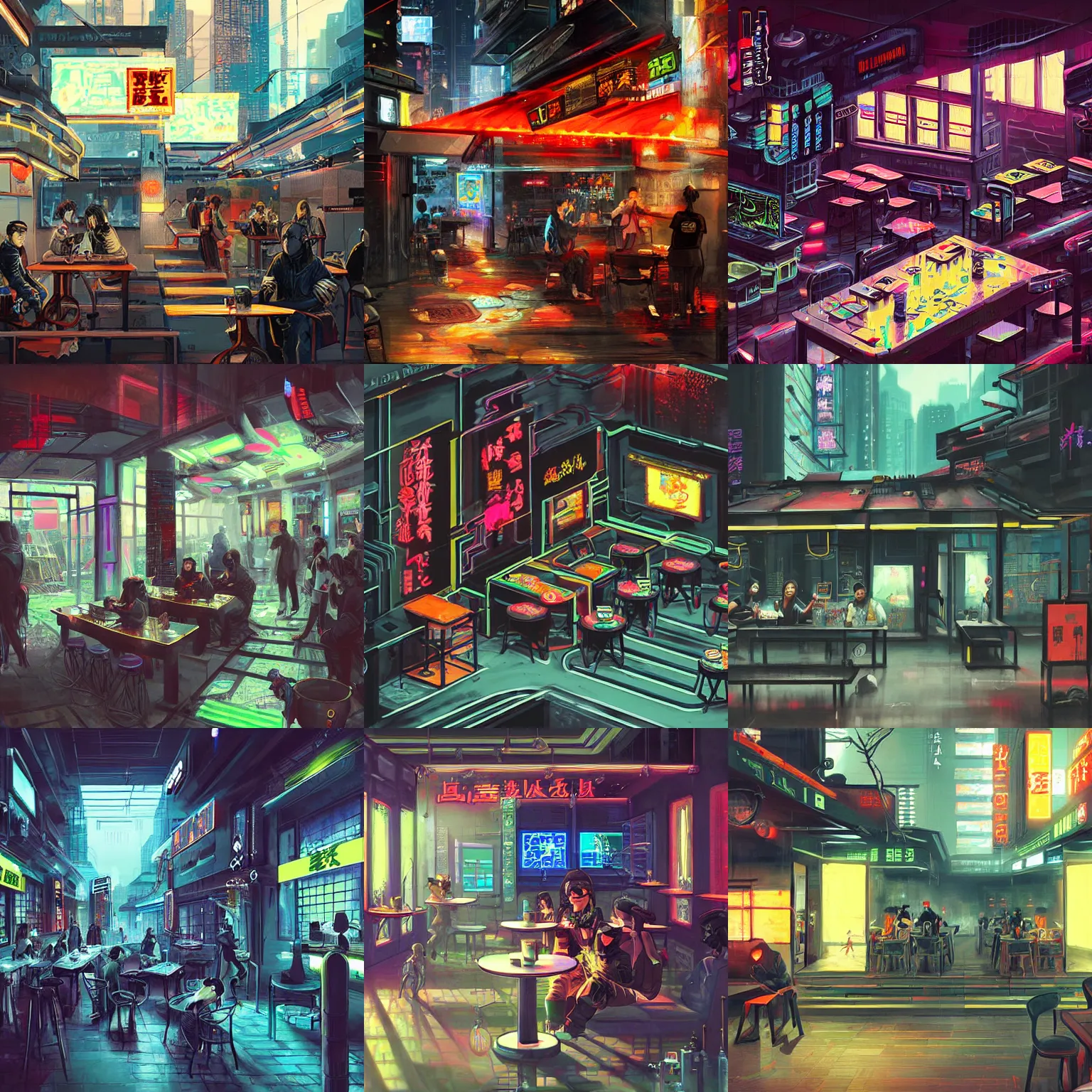 Prompt: A cyberpunk cafe painted by Lu Zhi