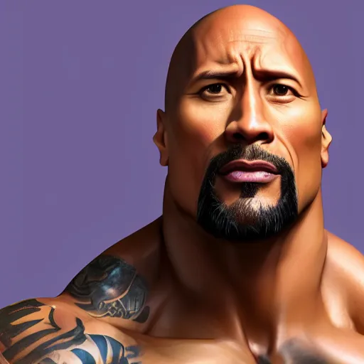 Prompt: Dwayne Johnson with long purple hair, 4k, 8k, trending on artstation, artstationHD, artstationHQ, photorealistic imagery