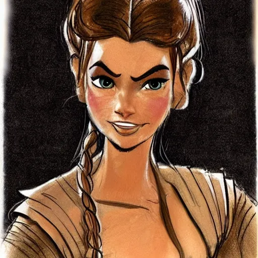 Image similar to milt kahl sketch of vanessa hudgeons with done up hair, tendrils covering face and ponytail as princess padme from star wars episode 3