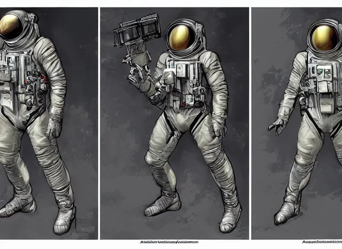 Image similar to front and back character view of Astronaut from Metal Gear Solid by Donato Giancola, Trending on artstation and pixiv concept art and sheet