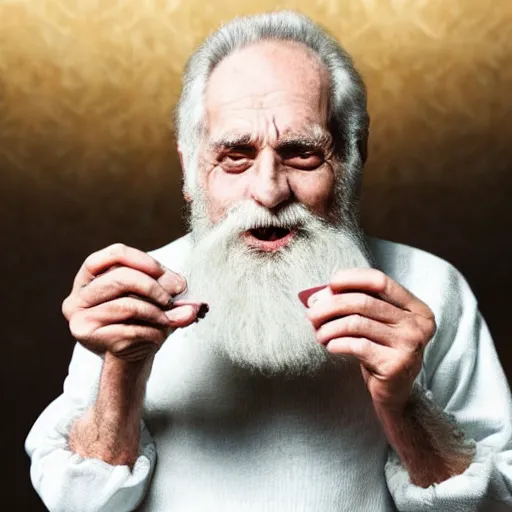 Image similar to crazy old deprived bearded man desperately devouring heaven key candles