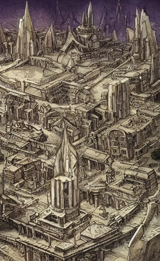 Image similar to enormous high fantasy city, marvelous persian architecture, brutalist occult church in the middle, thuderstorm