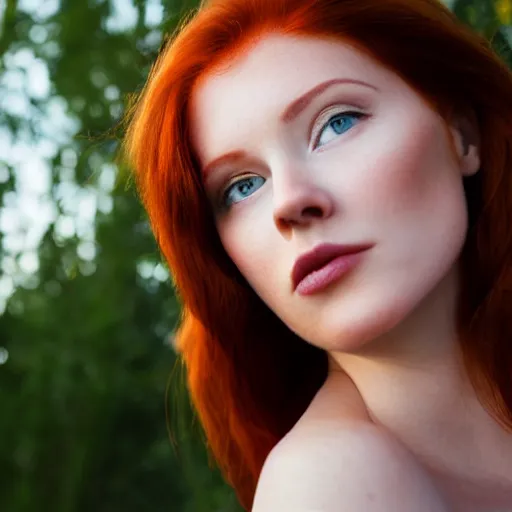 Prompt: beautiful redhead woman looking up at an angle full body with magic hour light y