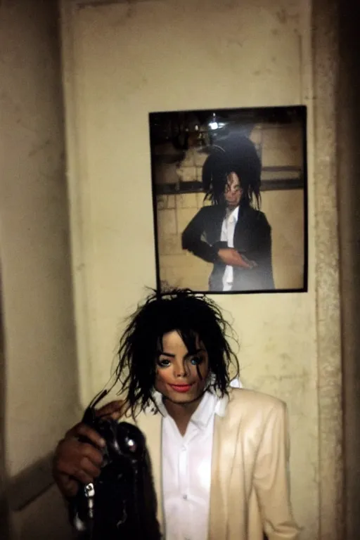 Image similar to Michael Jackson taking a selfie in the backrooms, liminal spaces, backrooms background, selfie photo,