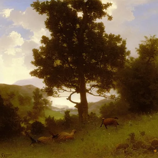 Prompt: an oak tree and a pheasant near poynings and the south downs by william - adolphe bouguereau