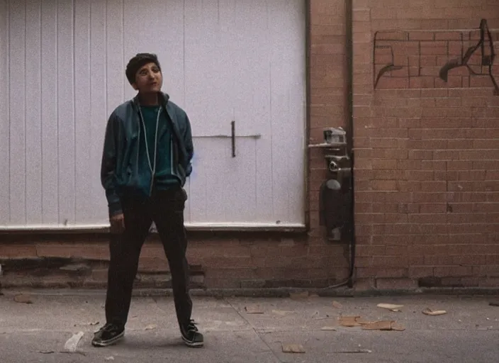 Image similar to First Official image from Cardboard, new drama film directed by Spike Jonze starring Tony Revolori as a Philadelphia b-boy in 1990 in the streets at night, shot on Kodak Vision 200T, stunning cinematography, light diffusion, film grain, 8k print, anamorphic lens.