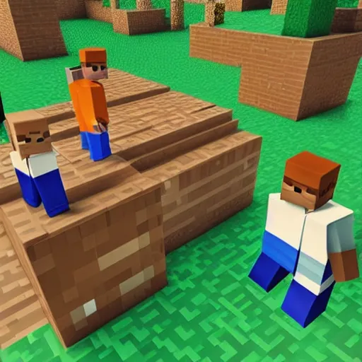 Image similar to block figures looking like roblox figures or minecraft players, playing with a computer in a block world, having fun in the sun, bright and fun colors