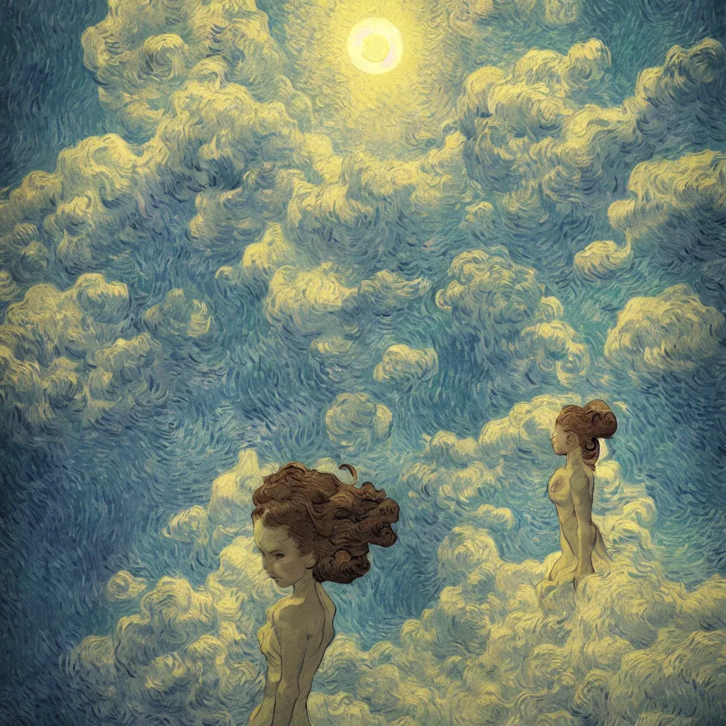 Image similar to a photo of a girl half robot, surrounded by clouds and mist, the sun shines brightly, volume light, cinematic light effect, super realistic, super wide angle, rococo ornament, cinematic, symmetrical, decorative frame, by victo ngai ， vincent van gogh, leon francois comerre, craig mullins, mucha, klimt, artstation