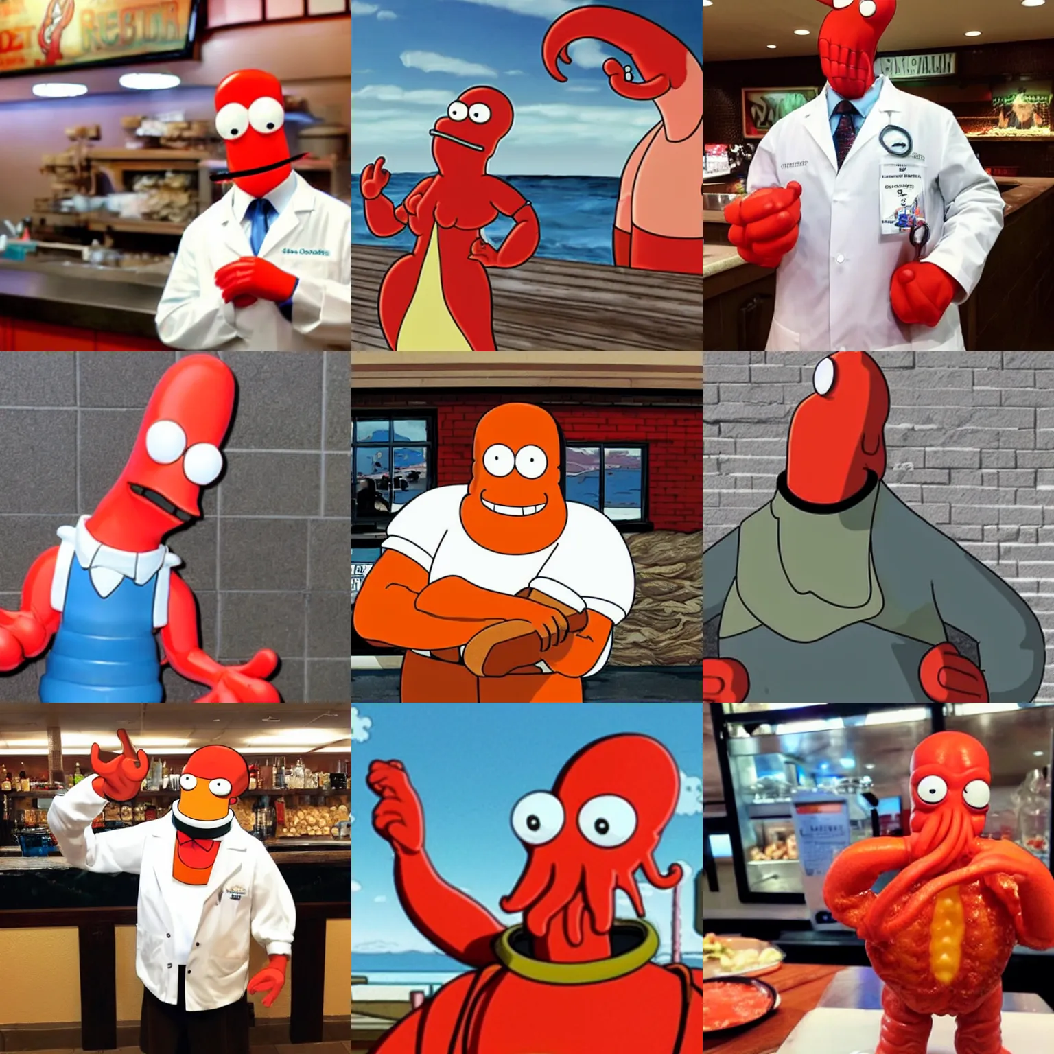 Prompt: candid photo of Dr. Zoidberg from Futurama posing in front of a Red Lobster