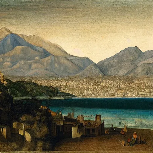 Prompt: oil painting of marbella city, beach in the foreground, mountains in the background, by leonardo da vinci