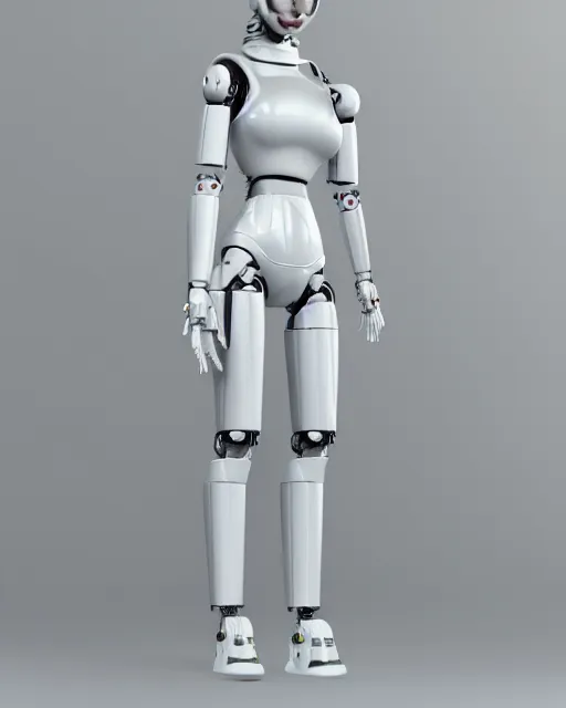 Image similar to full body 3 d render of a humanid female robot, latexб studio lighting, white background, no shadow, blender, trending on artstation, 8 k, highly detailed