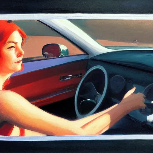 Image similar to Close-up portrait in car, dated a woman that lived on Cooterneck Road, She had a Catfish Camero and was cooler than me, by Edward Hopper, Bo Bartlett, and Cynthia Sheppard, Artstation