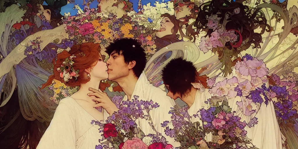 Image similar to the groom kisses the bride at a wedding full of flowers, bright and happy, dreamlike art, highly detail, 4 k realistic, krenz cushart. artem demura. alphonse mucha. yoji shinkawa artgerm. jon lothian. danilo torres. adi meyers. thomas reimann. gaston bussiere.