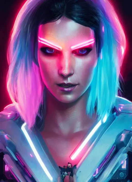 Prompt: portrait of cyberpunk 2 0 7 7 young woman, frank costume, beautiful face, face implants glowing neon, short pink hair, extremely detailed, art by artgerm and greg rutkowski and magali villeneuve