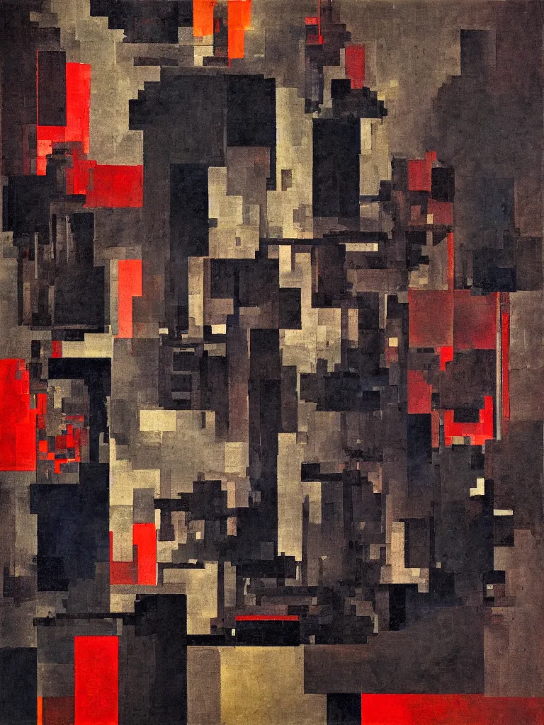 Prompt: a beautiful bauhaus sculpture by louise nevelson of a complex highway intersection, color bleeding, pixel sorting, brushstrokes by jeremy mann, dark lighting, square shapes by mondrian