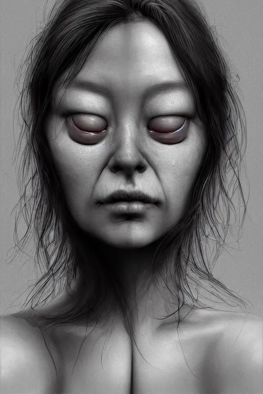 Image similar to hyperrealistic photography of a beautiful crying woman looking at her hands in the style of jin kagetsu, james jean, chris cunninham, hans bellmer and wlop, highly detailed, face symmetry, masterpiece, award - winning, sharp focus, intricate concept art, ambient lighting, 8 k, artstation