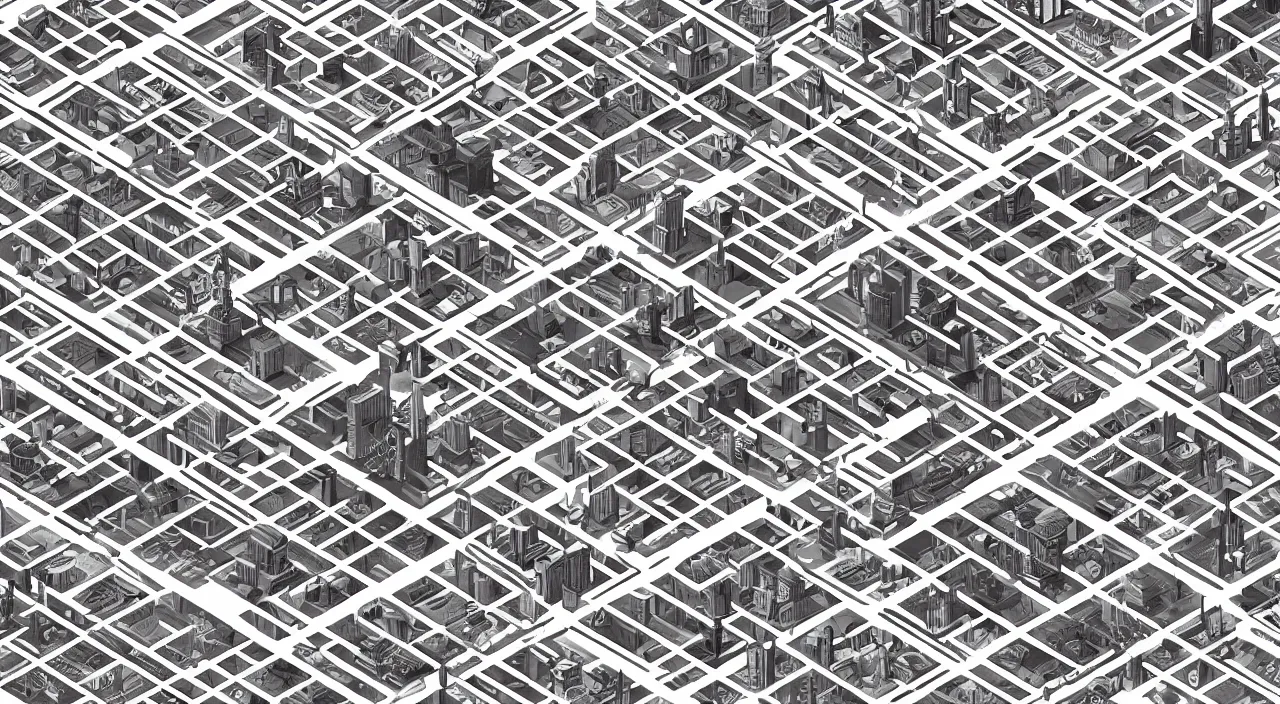 Prompt: isometric drawing of a fictional dense city, in style of charles williams, rem koolhaas, peter eisenman