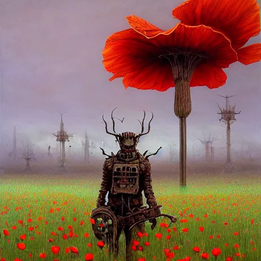 Prompt: a hyperrealistic painting of a steampunk demon in a feild of poppies, by john kenn mortensen and zdzislaw beksinski, highly detailed, vivid color,