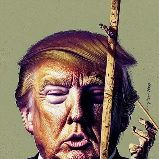 Image similar to eyes face nose mouth ears portrait of Donald Trump wearing chainmail whilst twirling a spear ismail inceoglu ishbel myerscough