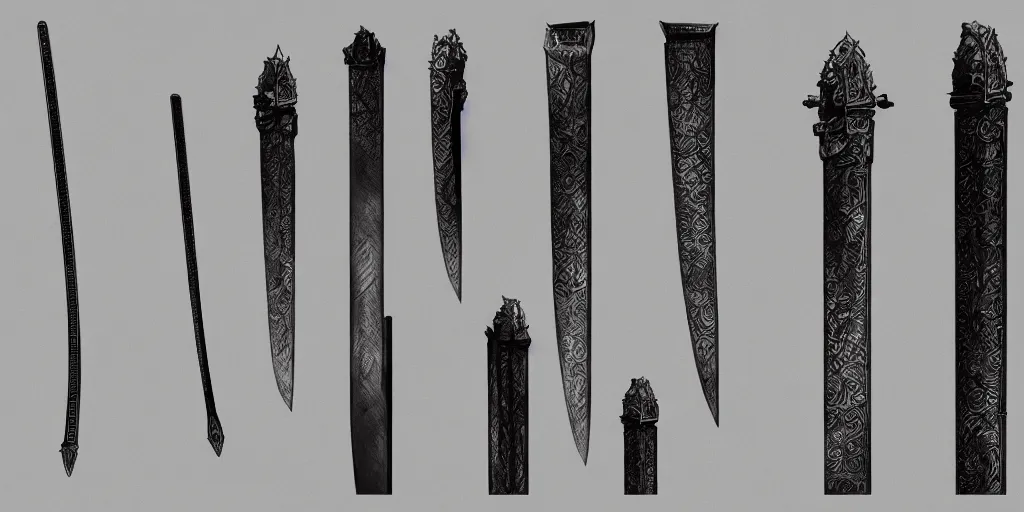 Prompt: reference sheet of ancient sword on black background, matte painting