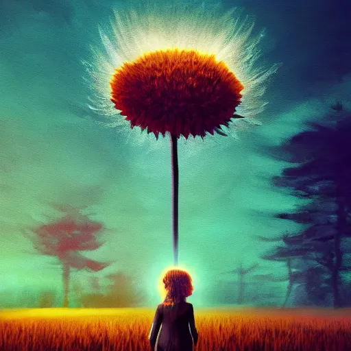 Image similar to giant daisy flower uber head, frontal, a girl in a suit, surreal photography, sunrise, dramatic light, impressionist painting, digital painting, artstation, simon stalenhag