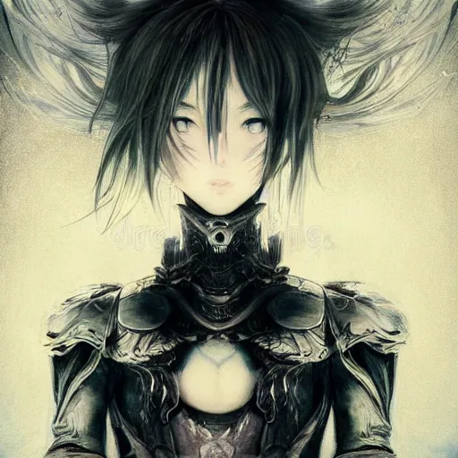 Image similar to Yoshitaka Amano blurred and dreamy illustration of an anime girl with black eyes, wavy white hair fluttering in the wind wearing Elden ring armour with cloack with folds, abstract black and white patterns on the background, reflection in a broken mirror, noisy film grain effect, highly detailed, Renaissance oil painting, weird portrait angle, blurred lost edges, three quarter view