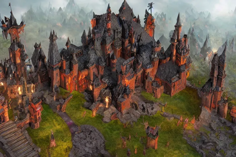 Image similar to big evil fairy castle - city rock dark shadow elves, might and magic heroes 7, dark fantasy, shadows, artstation trending, unreal engine 5, red