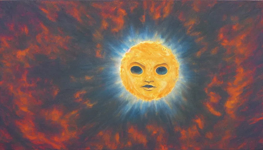 Prompt: the sun seen from earth with a hexagonal shield in between, oil painting