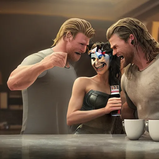 Image similar to cinematic film scene of Thor Chris Hemsworth and wonder woman gal gadot laughing having a beer, MCU, photo realistic, ultra detailed, trending on artstation, concept art, unreal engine render, 16k