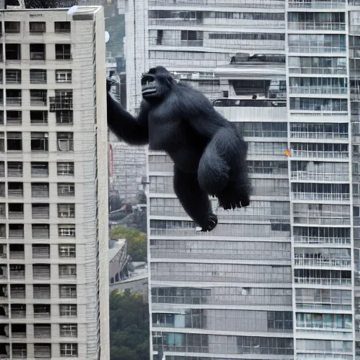 Prompt: photo of king kong hanging off the c. n tower in toronto