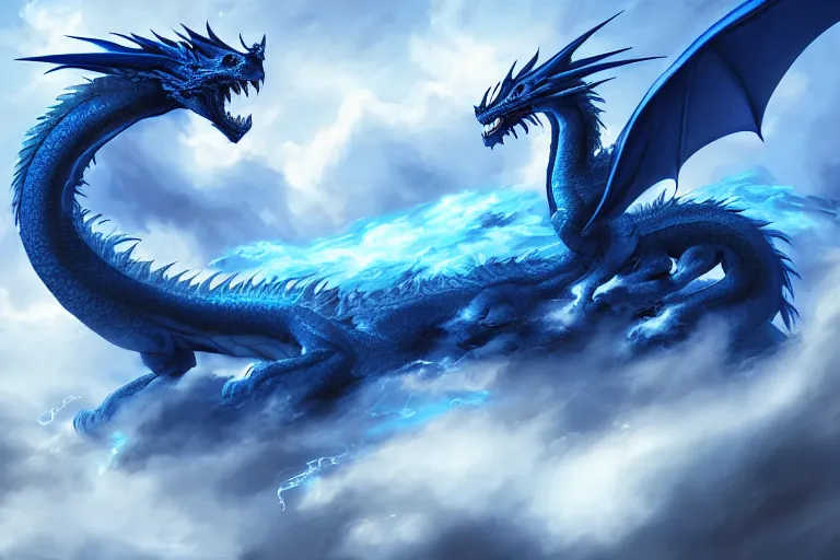 Image similar to majestic blue dragon surrounded by clouds and lightning, digital painting, mixed media, trending on artstation and deviantart, epic composition, centered, sharp focus, magnum opus, highly detailed, 8 k