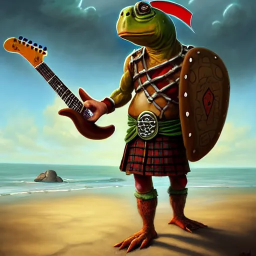 Prompt: an anthropomorphic turtle, wearing a kilt, playing a fender stratocaster guitar with both hands, walking up the sandy beach, DnD character art portrait, matte fantasy painting, DeviantArt Artstation, by Jason Felix by Steve Argyle by Tyler Jacobson by Peter Mohrbacher, cinematic lighting