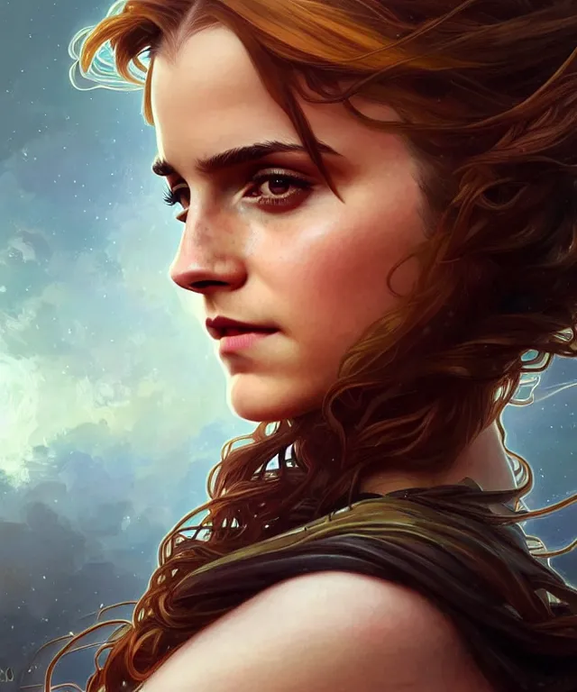 Image similar to Emma Watson as a nature prophet, sci-fi, amber eyes, face, long hair, fantasy, intricate, elegant, highly detailed, digital painting, artstation, concept art, smooth, sharp focus, illustration, art by artgerm and greg rutkowski and alphonse mucha