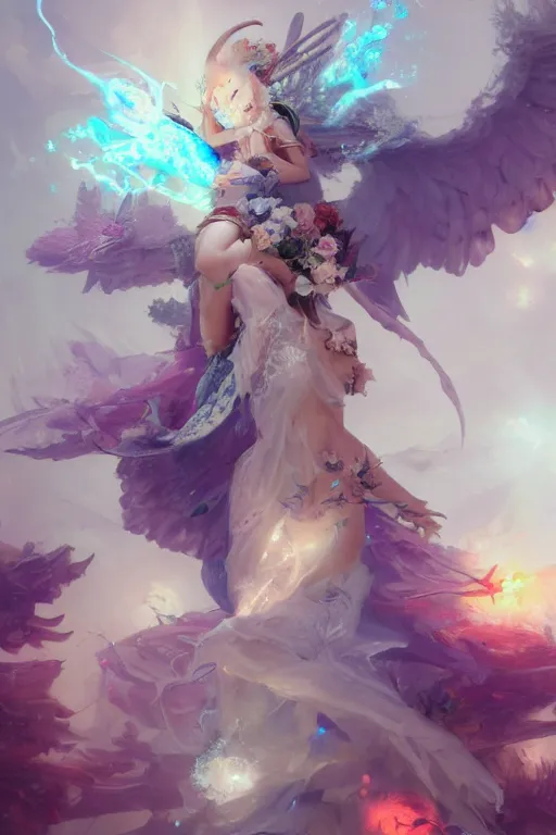 Image similar to beautiful girl necromancer exploding into flowers, angels, 3 d render, hyper - realistic detailed portrait, holding electricity and birds, ruan jia, wlop. scifi, fantasy, hyper detailed, octane render, concept art, peter mohrbacher