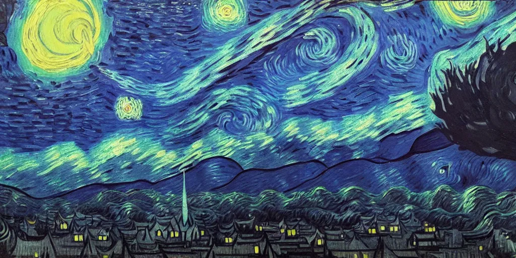 Image similar to outer space with eldritch terror in the middle of composition, cosmic horror, ultra realistic, highly detailed, HD, sharp focus, cinematic lighting, realistic, vivid colors, oil painting, non blurry, sharp, art by van Gogh