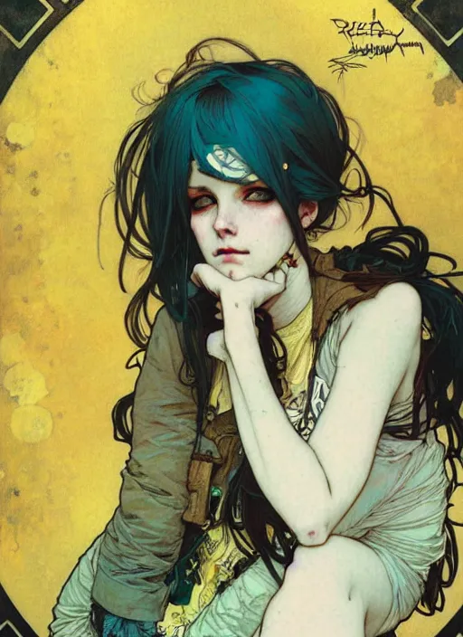 Image similar to highly detailed portrait of a moody sewerpunk young adult lady by krenz cushart, by artem demura, by alphonse mucha, by kaethe butcher, gradient yellow, black, brown and cyan color scheme, grunge aesthetic!!! ( ( graffiti tag city background ) )