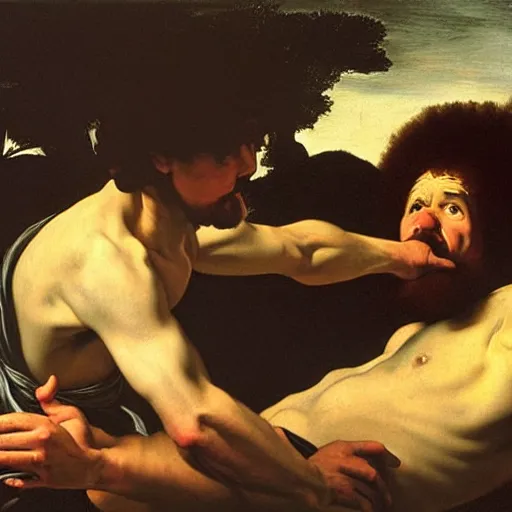 Image similar to the death of bob ross, by caravaggio,