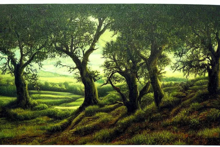 Image similar to masterpiece painting of oak trees on a hillside overlooking a creek, dramatic lighting, by kinuko craft